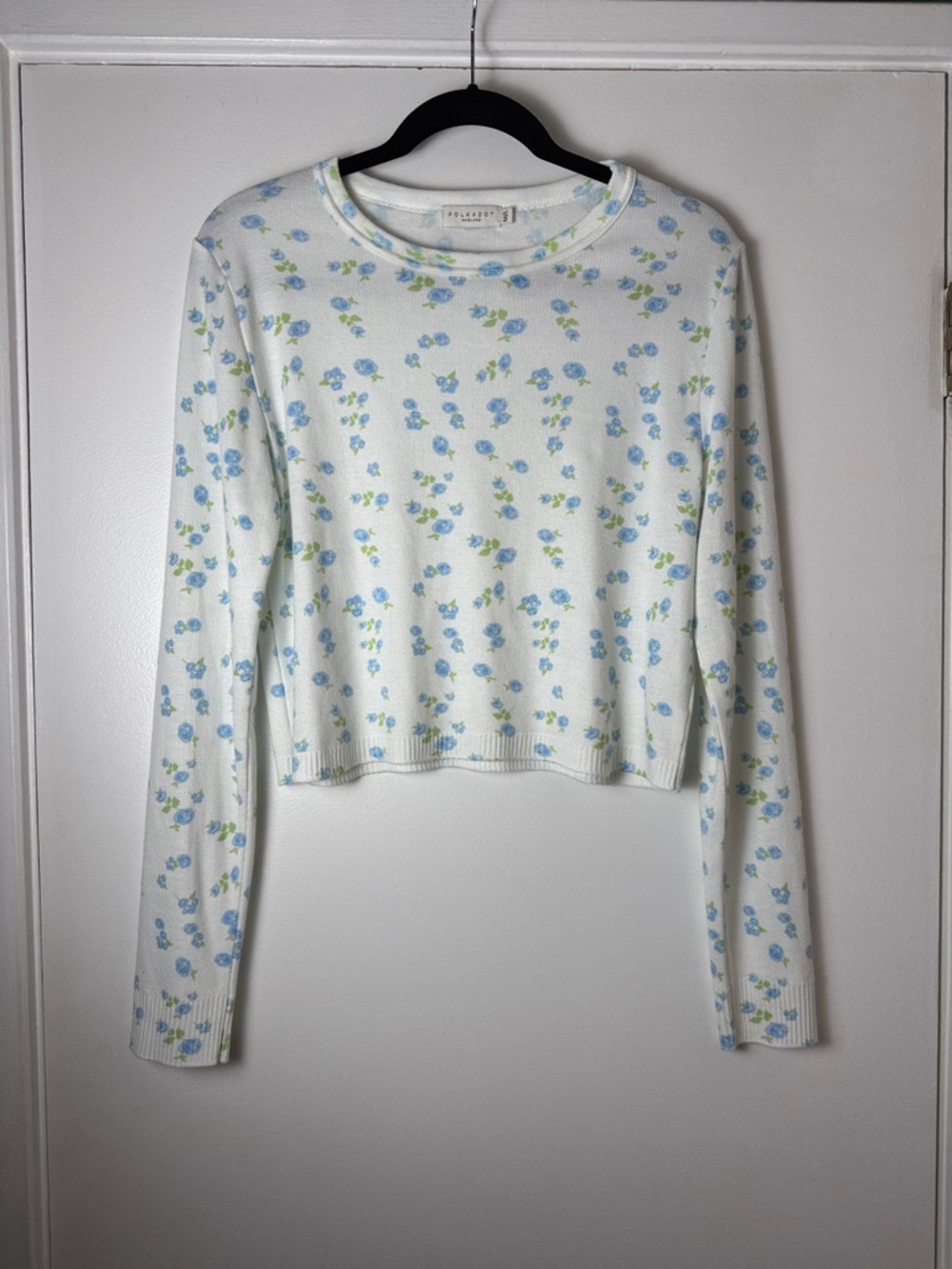 Polkadot England Blue Floral Print Cropped Slouchy Long Sleeve Shirt - Size M/L